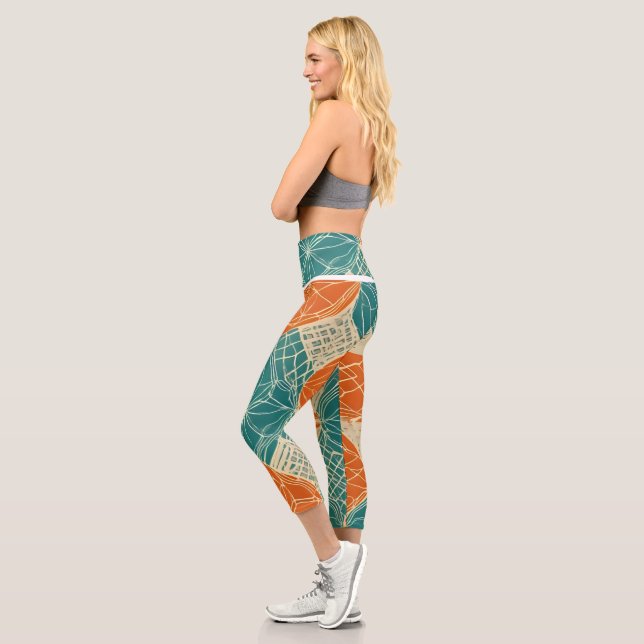 Leggings Capri Fleurs Abstraites Bleu Vert, Orange et Brun  (Gauche)