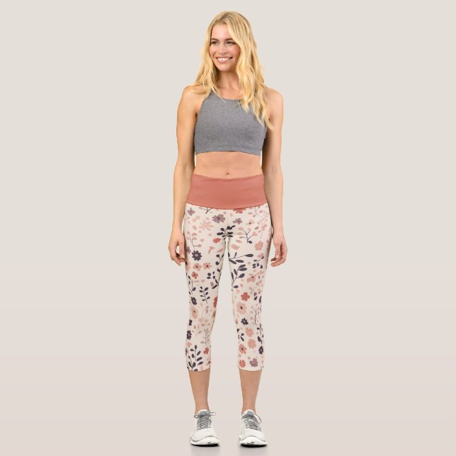 Leggings Capri Fleurs aquarelles boho beige violet terracotta  (Recto)