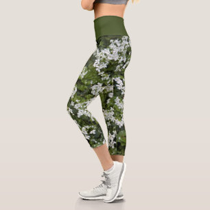Leggings Capri Fleurs Bittercess blanches et feuillage vert Flora