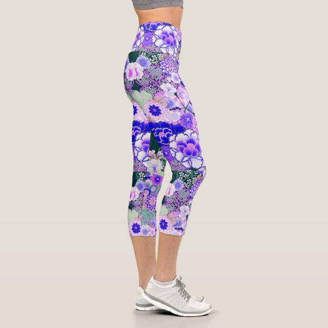 Leggings Capri FLEURS BLANCHES BLEUES Rose pivoines Floral japona (Droite)