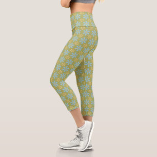 Leggings Capri Fleurs bleues et jaunes Abstraites rétro sur vert