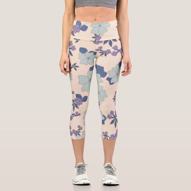 Leggings Capri Fleurs Bleues, Fleurs Violettes, Motif Floral (Recto)