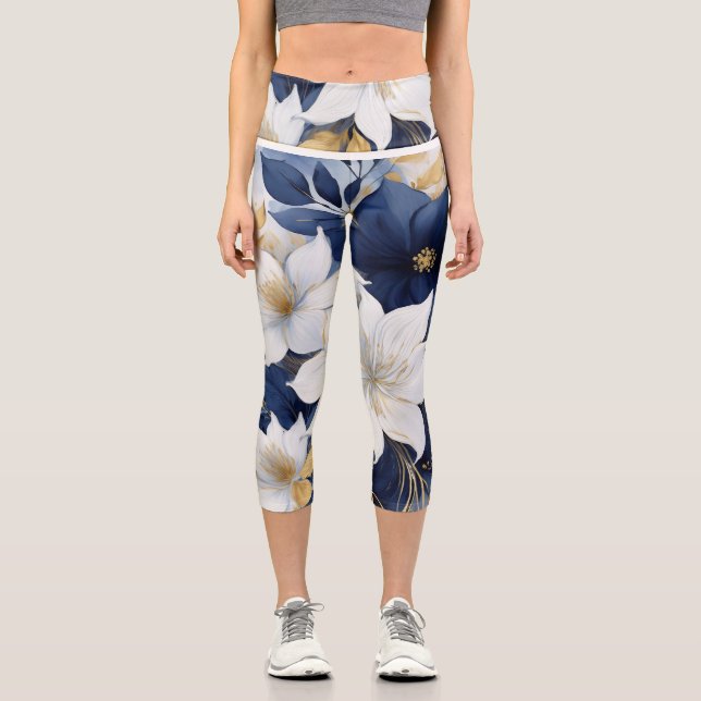 Leggings Capri Fleurs botaniques bleues marine et blanches (Recto)