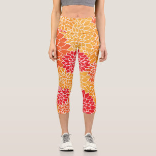 Leggings Capri Fleurs Dahlia, Motif De Fleurs, Dahlia Orange