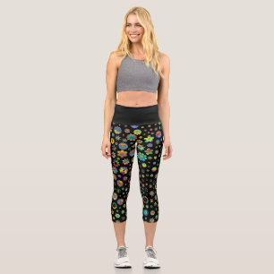 Leggings Capri Fleurs de couleur noir Whimsical