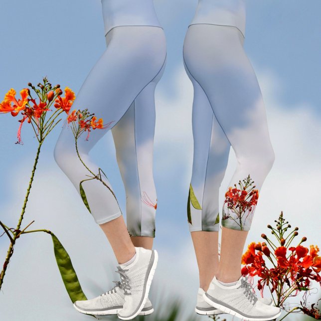 Leggings Capri Fleurs de flamboyant royal sur fond bleu (Créateur téléchargé)