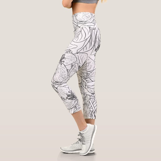 Leggings Capri Fleurs de fleurs de cerisier noir blanc Botanique (Gauche)