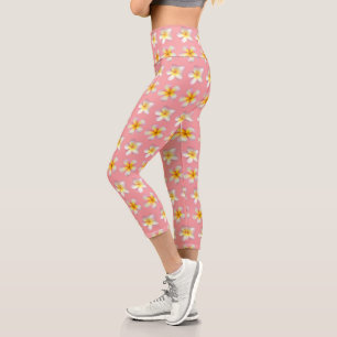 Leggings Capri Fleurs de frangipanier Plumeria pastel sur fond ro