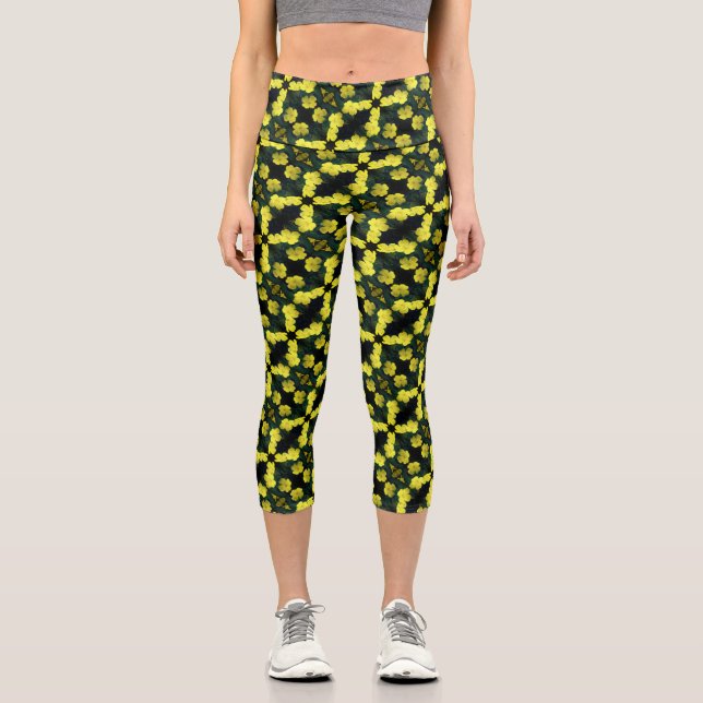 Leggings Capri Fleurs de géranium jaune Motif Abstrait (Recto)