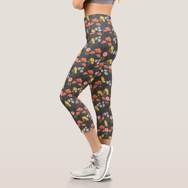 Leggings Capri Fleurs de gribouillis orange et jaune (Gauche)