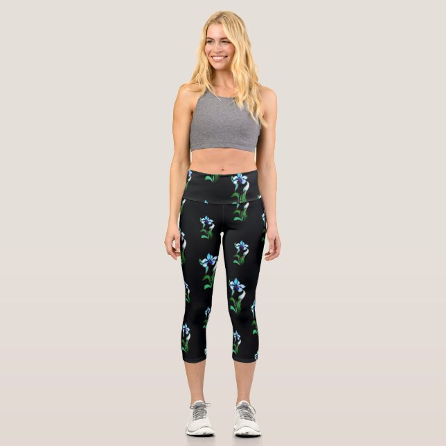 Leggings Capri Fleurs de néon bleu vert sur noir (Recto)