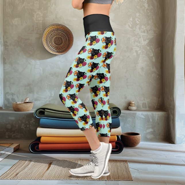 Leggings Capri Fleurs de Portrait Jaguar Noir (Créateur téléchargé)