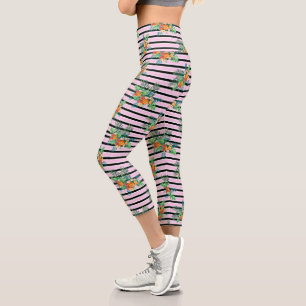 Leggings Capri Fleurs de rayures noires et roses