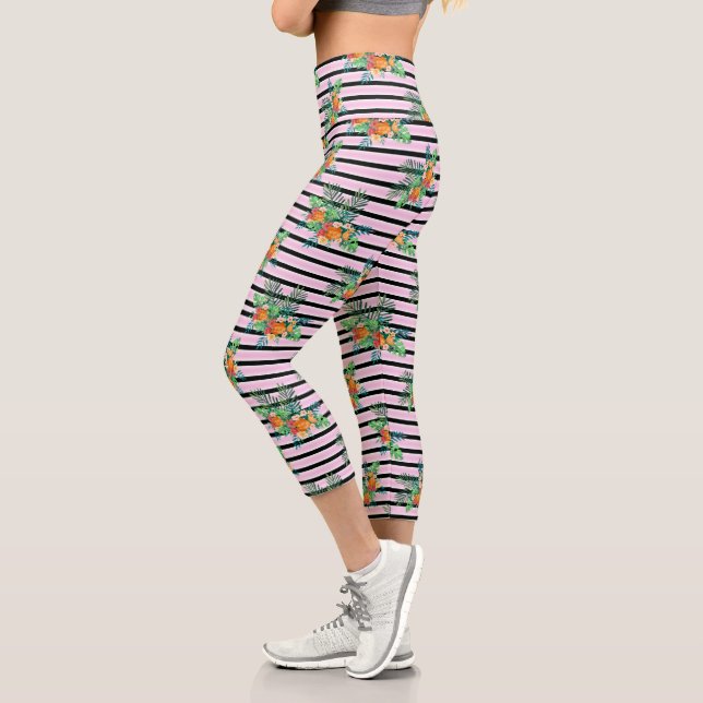 Leggings Capri Fleurs de rayures noires et roses (Gauche)