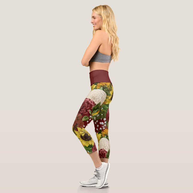Leggings Capri Fleurs de soleil florales de Bourgogne Haute taill (Gauche)