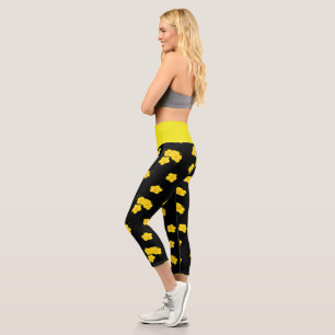 Leggings Capri Fleurs d'Hibiscus Tropical Jaune Noir Floral
