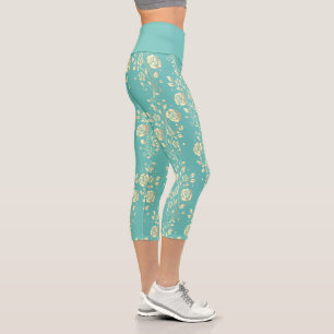 Leggings Capri Fleurs d'or en cascade sur turquoise