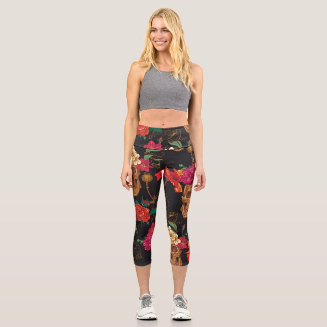 Leggings Capri Fleurs du crâne : Arrière - plan foncé sans coutur (Recto)