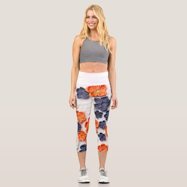 Leggings Capri Fleurs en tissu cousu à la main printemps orange b (Recto)