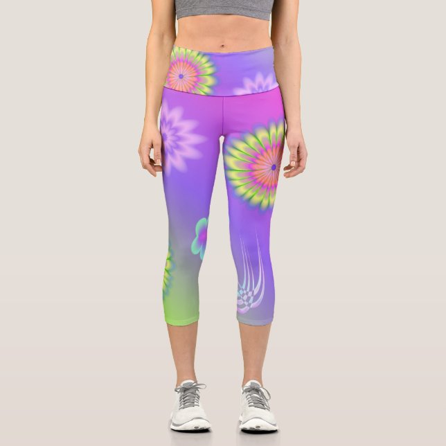 Leggings Capri Fleurs et papillons à dégradé pastel (Recto)