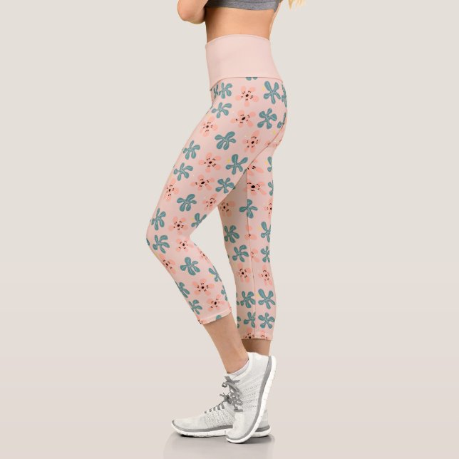 Leggings Capri Fleurs florales roses mignonnes Motif Doodle (Gauche)
