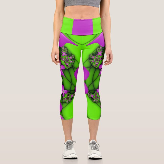 Leggings Capri Fleurs fractales abstraites modernes rose vert néo (Recto)