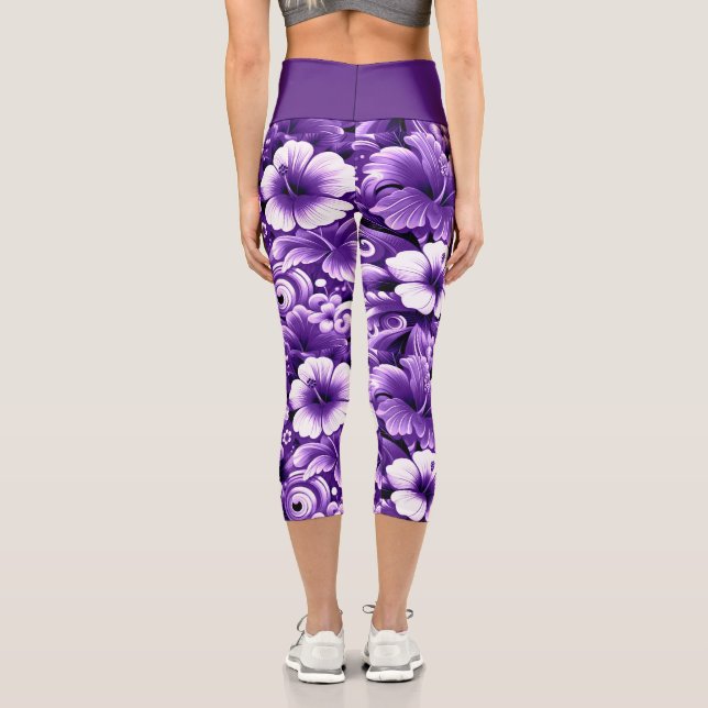 Leggings Capri Fleurs hawaïennes tropicales Hibiscus Motif violet (Verso)