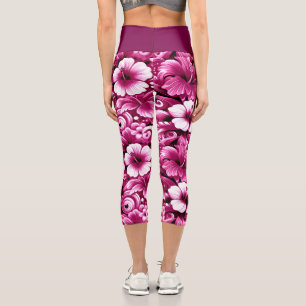 Leggings Capri Fleurs hawaïennes tropicales Hibiscus rose blanc
