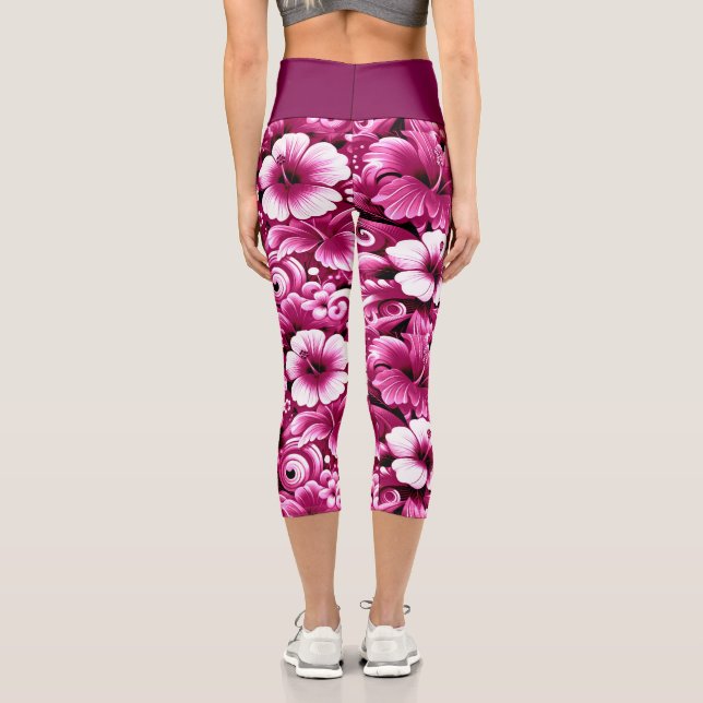 Leggings Capri Fleurs hawaïennes tropicales Hibiscus rose blanc (Verso)