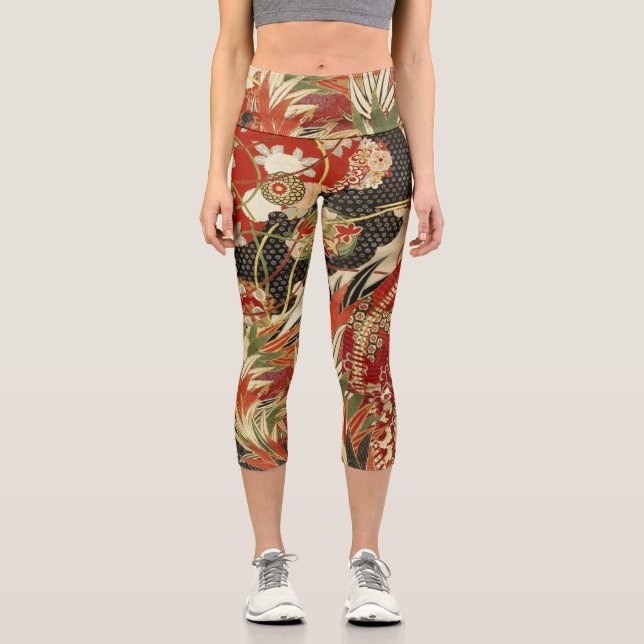 Leggings Capri FLEURS JAPONAISES ANCIENNES Rouge Vert Noir Floral (Recto)