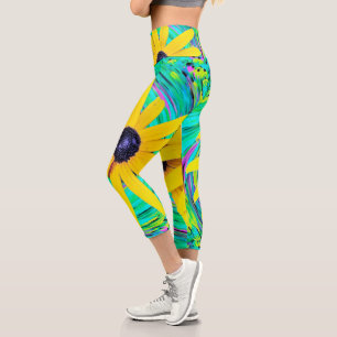 Leggings Capri Fleurs jaunes Abstraites rétro sur Aqua Swirl