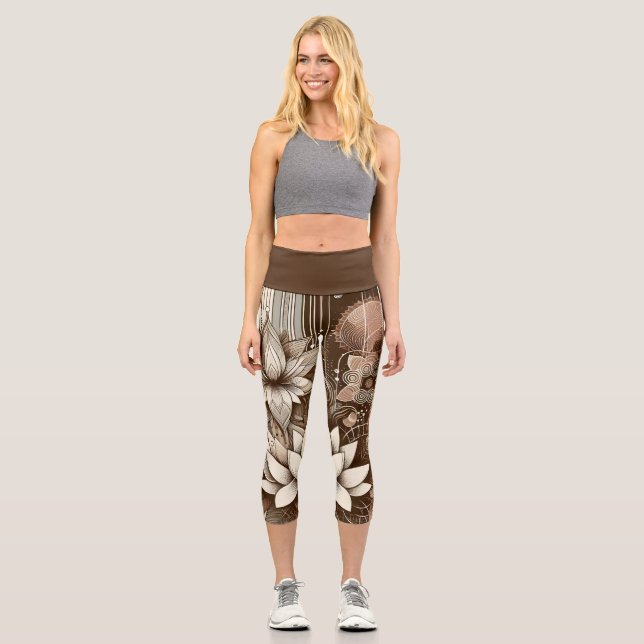 Leggings Capri Fleurs Lotus Modernes En Sepia (Recto)