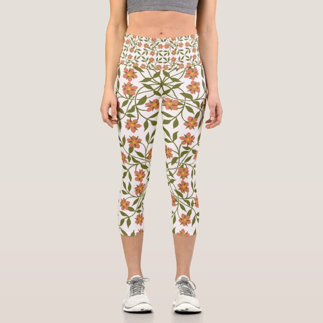 Leggings Capri Fleurs orange, motif floral, verdure, Boho (Recto)