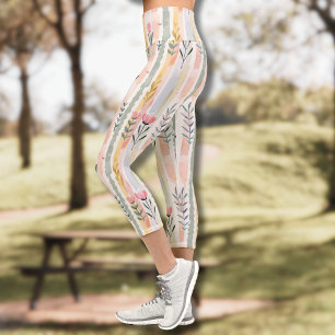 Leggings Capri Fleurs rayées pastel aquarelle vintage