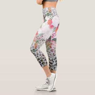 Leggings Capri Fleurs roses Empreintes de léopard noires en argen