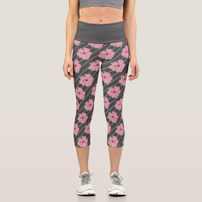Leggings Capri Fleurs Roses Et Rayures Haut Taille Capri (Recto)