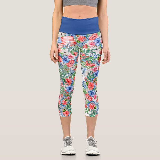 Leggings Capri Fleurs Rouge Blanc Et Bleu 4 juillet Patriotique (Recto)