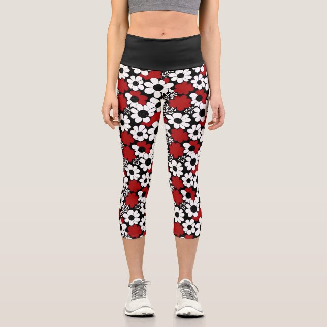 Leggings Capri Fleurs rouges, noires et blanches (Recto)