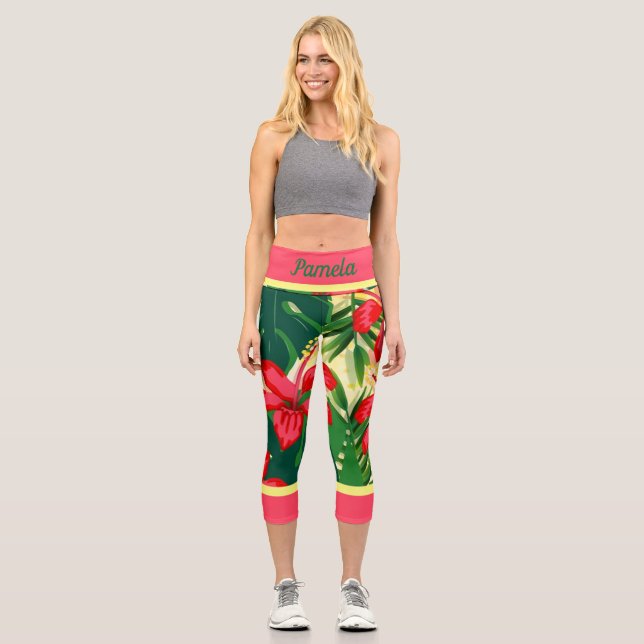 Leggings Capri Fleurs tropicales et feuilles (Recto)