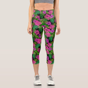 Leggings Capri Fleurs tropicales et plantes en noir