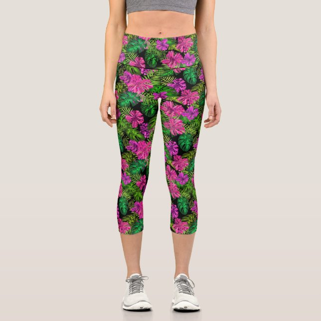 Leggings Capri Fleurs tropicales et plantes en noir (Recto)