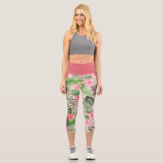 Leggings Capri Fleurs tropicales rose et verte (Recto)