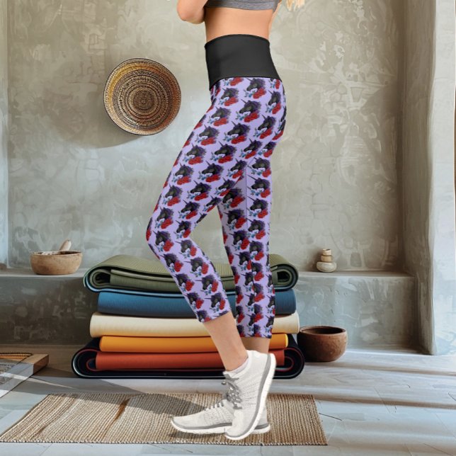 Leggings Capri Fleurs Unicorne Noire violet (Créateur téléchargé)