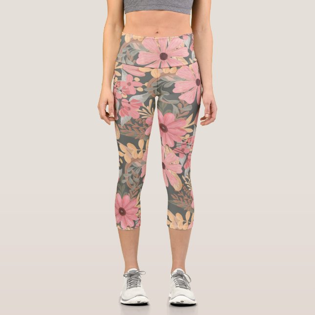 Leggings Capri Fleurs vertes rose Sage Laisser Motif Aquarelle (Recto)
