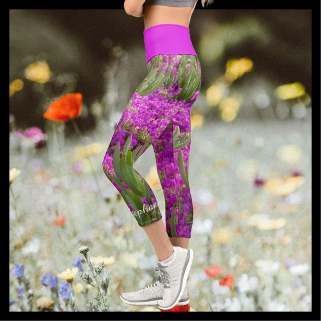 Leggings Capri Fleurs violettes Floral Nom personnalisé (Créateur téléchargé)
