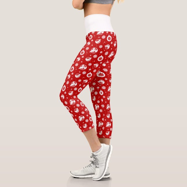 Leggings Capri Flocon de neige de Noël rouge et blanc sur Motif B (Gauche)