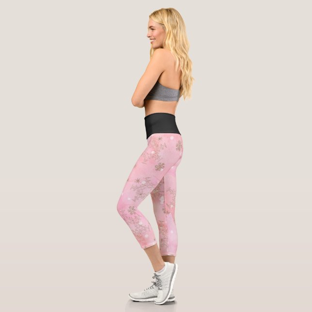 Leggings Capri Flocons de neige de Noël rose motif boho (Gauche)