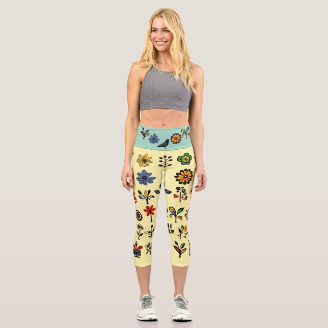 Leggings Capri Floral folk coloré et oiseaux (Recto)