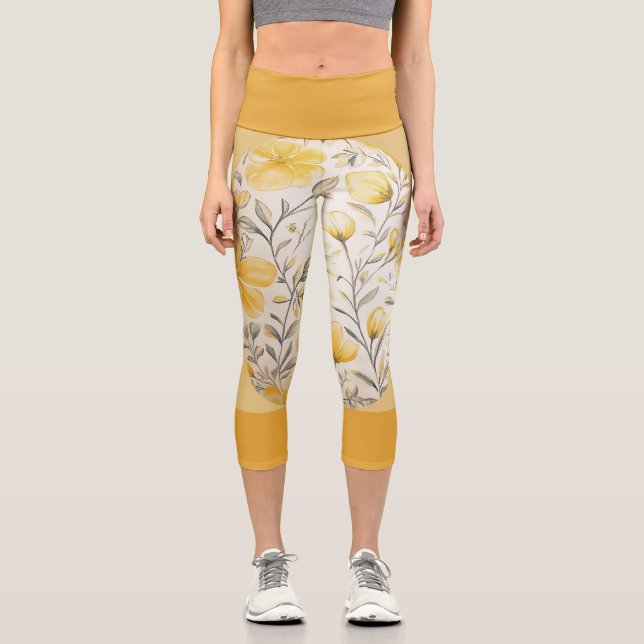 Leggings Capri Floral Jaune Avec Bande Jaune Foncé (Recto)