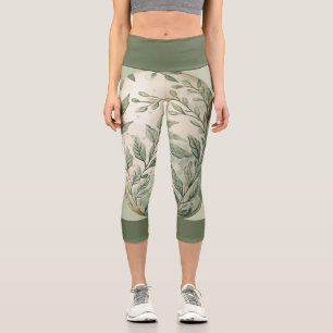 Leggings Capri Floral vert sur vert clair avec bande vert foncé